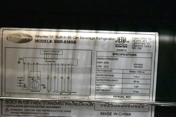 BRAND NEW SCRATCH AND DENT! Whynter BBR-838SB 15 inch Built-In 80 Can Undercounter Stainless Steel Beverage Refrigerator. 115 Volts, 1 Phase. Tested and Working! - Image 8 of 8