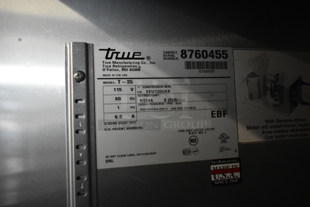 2016 True T-35 Stainless Steel Commercial 2 Door Reach In Cooler w/ Poly Coated Racks. 115 Volts, 1 Phase. Tested and Working! - Image 3 of 4