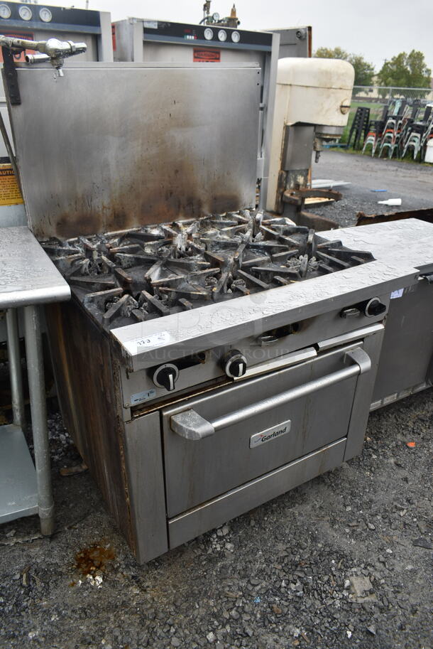 Garland G36-6R Stainless Steel Commercial Natural Gas Powered 6 Burner Range w/ Oven and Back Splash.  - Image 2 of 8