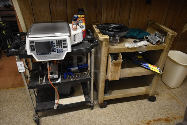 2 Poly 3 Tier Carts on Commercial Casters w/ Contents Including Hobart Scale. 2 Tines Your Bid! (hallway) - Image 1 of 6