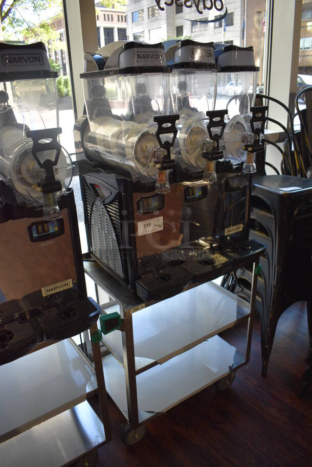 Narvon OASIS 3-10 Stainless Steel Commercial Countertop 3 Hopper Slushie Machine on Stainless Steel 3 Tier Cart. 23x21x33, 19x31x31. Item Was in Working Condition on Last Day of Business. (lounge) - Image 4 of 6