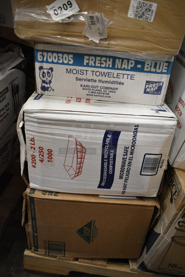 PALLET LOT of 30 BRAND NEW Boxes Including 500CC20HD 20 oz. Plastic Cold Cup - 600/Case, 130HFBK1M Visions Black Heavy Weight Plastic Fork - Case of 1000, 2 Box 612FFL1230 Choice Foil Steam Table Pan Lid - Full Size - 50/Case, 6700305 Moist Towelette, 2 Box 9202 #200 Food Baskets, 500CC16HD 16 oz. Plastic Cold Cup - 1000/Case, Choice 1 oz Portion Cups, 5008W Choice 8 oz. Tall White Poly Paper Hot Cup - 1000/Case, 16 oz PET Cold Cups, 500TW9 Choice 9 oz. Translucent Thin Wall Plastic Cold Cup - 2500/Case, Dart C57PST1 ClearSeal Hinged Lid Plastic Container 6" x 5 13/16" x 3" - 500/Case, 245CB7PLN Choice 7" x 7" x 2" Kraft Customizable Corrugated Plain Pizza Box - 50/Case, 245CPB10 PRINT Choice 10" x 10" x 2" White Corrugated Pizza Box - 50/Case, 128HD16COMBO ChoiceHD 16 oz. Microwavable Translucent Plastic Deli Container and Lid Combo Pack - 240/Case, 50016W Choice 16 oz. White Poly Paper Hot Cup - 1000/Case. 30 Times Your Bid! - Image 4 of 12