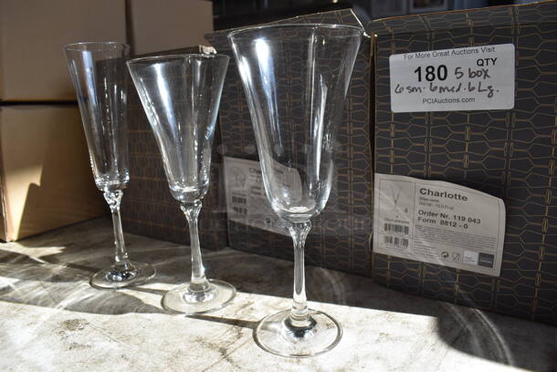 5 Boxes of BRAND NEW Glasses; Charlotte Champagne Glasses. 6 Small, 6 Medium and 6 Large. 3x3x10, 3.5x3.5x9, 4x4x9. 5 Times Your Bid! - Image 5 of 6
