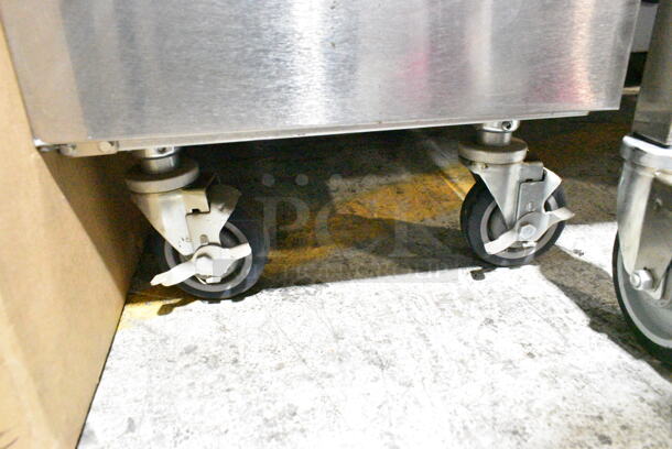 BRAND NEW! Vulcan 1VK45A-1 Stainless Steel Commercial Floor Style Natural Gas Powered Deep Fat Fryer w/ 2 Metal Fry Baskets on Commercial Casters. 70,000 BTU.  - Image 3 of 12