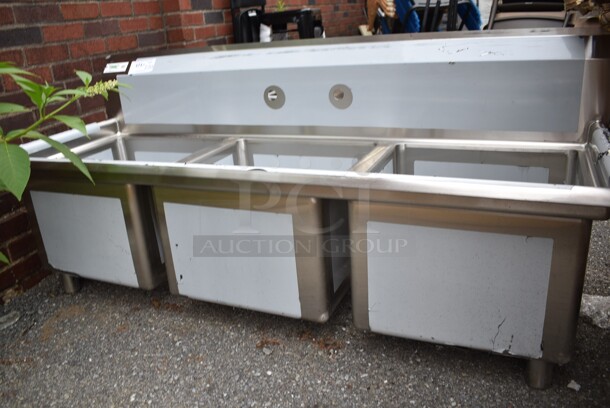 BRAND NEW SCRATCH AND DENT! Regency 600S31717 60" 16 Gauge Stainless Steel Three-Compartment Commercial Sink with Galvanized Steel Legs - 17" x 17" x 12" Bowls. No Legs.  - Image 3 of 7