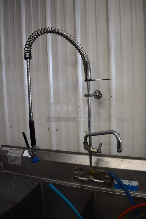 Duke Stainless Steel Commercial 4 Bay Sink w/ Dual Drainboards, Faucet, Handles and Spray Nozzle Attachment. 100x27x43. Bays 16x21x13. Drainboards 16x23x2 - Image 6 of 6