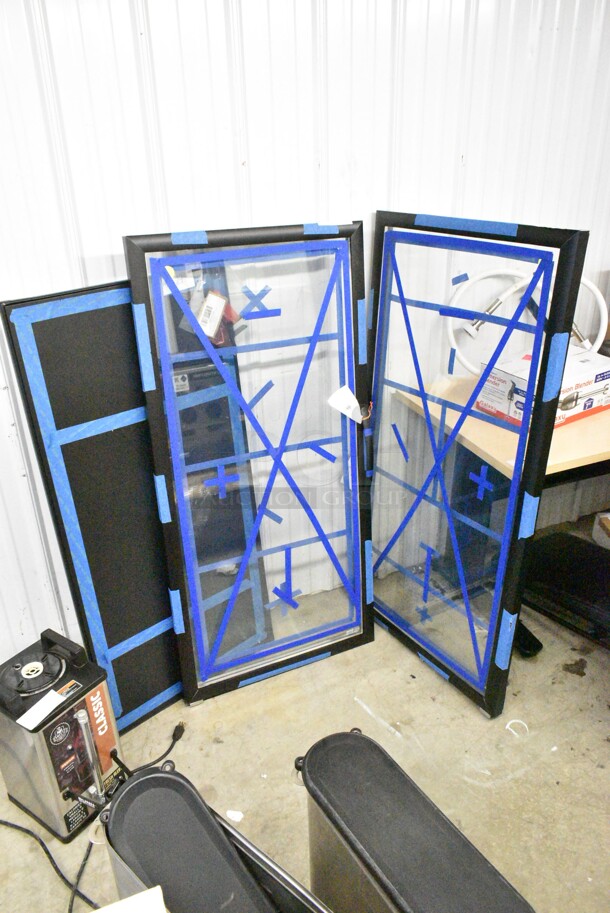 3 BRAND NEW SCRATCH AND DENT! Items Including 82920144 Main Street Equipment 82920144 Right-Hinged Glass Door for GMC-49, 82920136 Main Street Equipment 82920136 Right-Hinged Glass Door for GMC-23, 712MBUP2448 Lavex 24" x 48" Matte Black Steel Urinal Partition. 3 Times Your Bid!  - Image 1 of 11