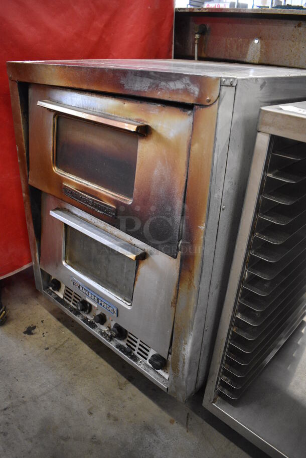 Baker's Pride Model P-44S Stainless Steel Commercial Electric Powered Double Deck Pizza Oven w/ 2 Cooking Stones and 2 Broken Cooking Stones on Commercial Casters. 115/208 Volts. 26.5x29x35 - Image 3 of 10