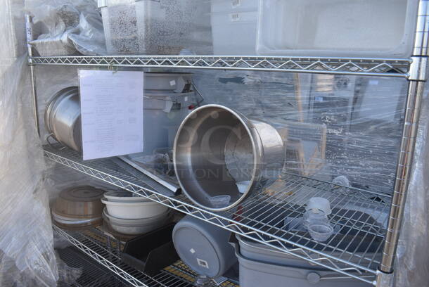 Metro Chrome Finish 5 Tier Wire Shelving Unit w/ Contents Including Poly Drop In Bins. BUYER MUST DISMANTLE. PCI CANNOT DISMANTLE FOR SHIPPING. PLEASE CONSIDER FREIGHT CHARGES. 60x18x74 - Image 3 of 5
