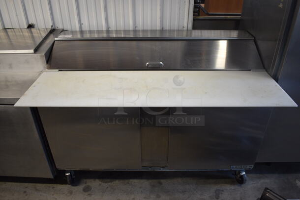 Beverage Air Model SPE60HC-16C Stainless Steel Commercial Sandwich Salad Prep Table Bain Marie Mega Top w/ Cutting Board and 16 Poly 1/6 Size Drop In Bins on Commercial Casters. 115 Volts, 1 Phase. 60x37x43. Tested and Working!