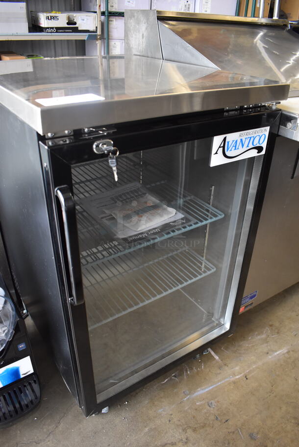 LIKE NEW! Avantco 178UBB1GHC Metal Commercial Single Door Back Bar Cooler Merchandiser on Commercial Casters. Unit Was Used a Few Times at a Trade Show as a Demonstration.  115 Volts, 1 Phase. 24x30.5x39. Tested and Working!