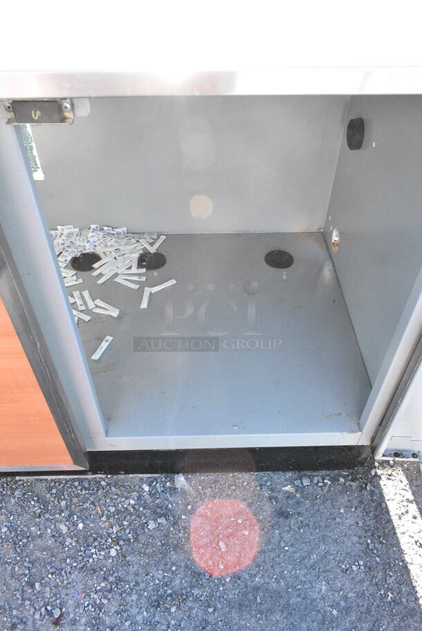 Duke Stainless Steel Commercial Countertop w/ Sink Bay, Faucet, Handle, Back Splash and 2 Wood Pattern Doors.  - Image 4 of 5