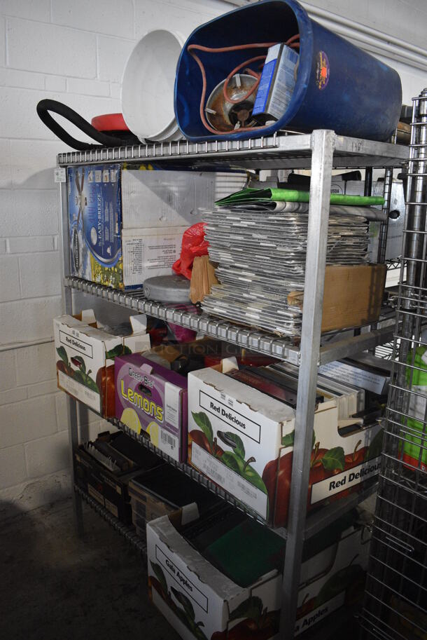 ALL ONE MONEY! Lot of Metro Gray 4 Tier Shelving Unit w/ Contents Including Trash Can, Tiles and Binders! 50x24x66