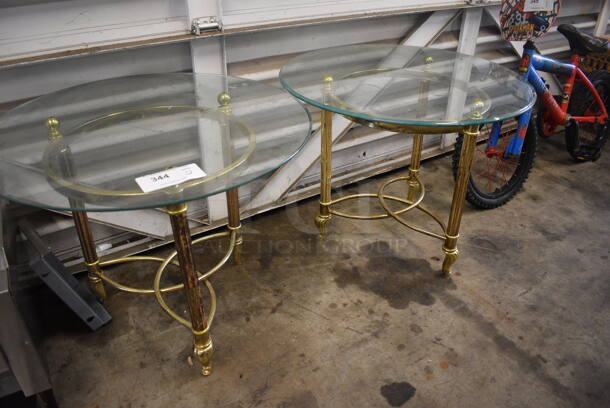 2 Gold Colored Metal End Tables w/ Glass Round Tabletops. 26x26x21. 2 Times Your Bid!