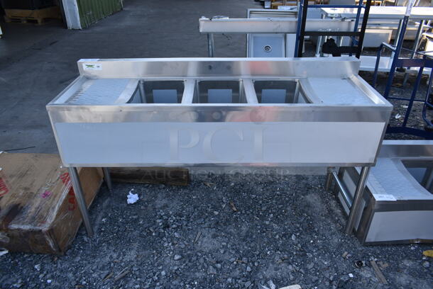BRAND NEW SCRATCH AND DENT! Regency 600B31014213 Stainless Steel Commercial 3 Bay Back Bar Sink w/ Dual Drain Boards. Bays 10x14. Drain Boards 11x15 - Image 1 of 6