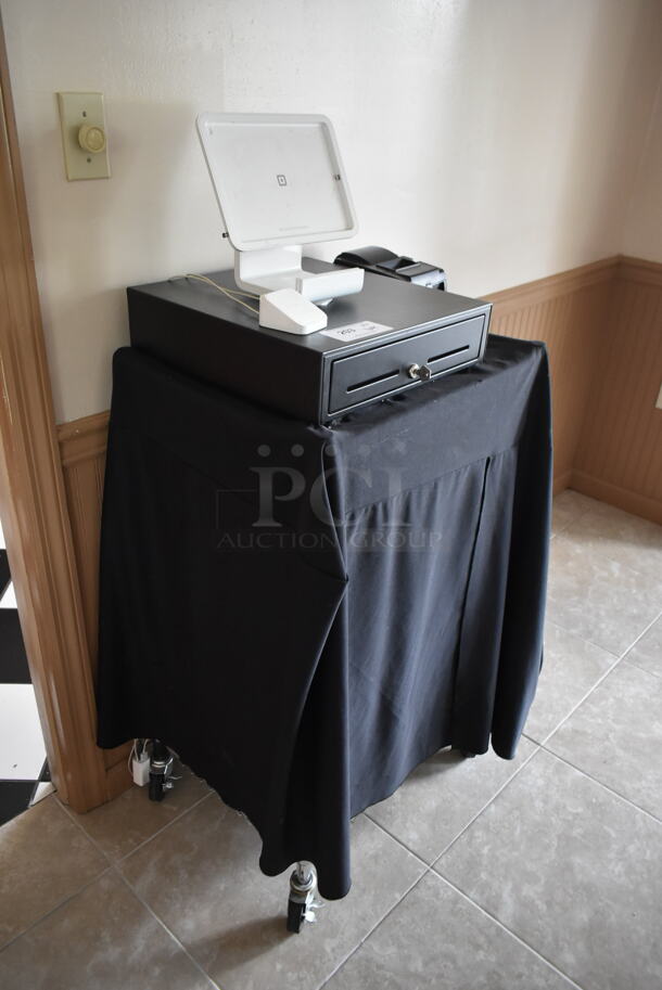 ALL ONE MONEY! Lot of 4 Tier Wire Shelving Unit w/ Square POS Monitor Stand, Receipt Printer and Metal Cash Drawer. (front hallway) - Image 2 of 8