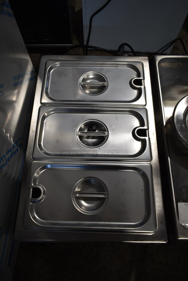 BRAND NEW SCRATCH AND DENT! 2022 Avantco 177W50CKR Stainless Steel Commercial Countertop Food Warmer w/ 3 Drop Ins, 3 Lids. 120 Volts, 1 Phase. Tested and Working! - Image 3 of 5