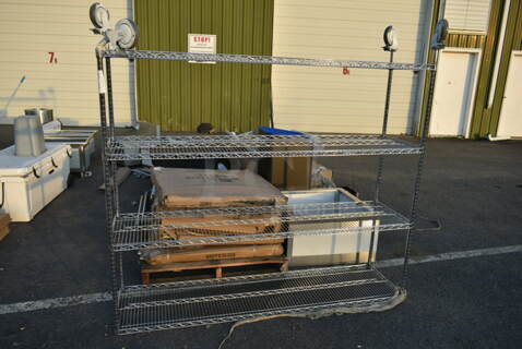 Chrome Finish 4 Tier Wire Shelving Unit on Commercial Casters. BUYER MUST DISMANTLE. PCI CANNOT DISMANTLE FOR SHIPPING. PLEASE CONSIDER FREIGHT CHARGES.