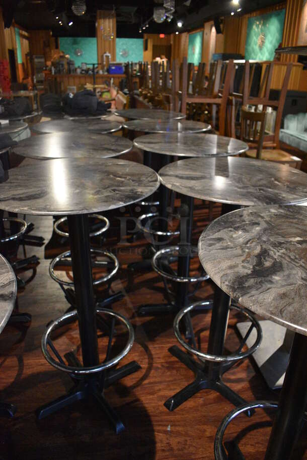 4 Stone Pattern Round Bar Height Table on Metal Table Base w/ Footrest Rail. 23.5x23.5x42. 4 Times Your Bid! (lounge) - Image 4 of 4