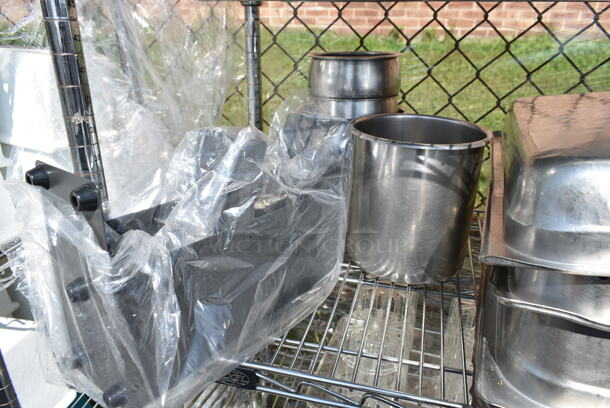 Chrome Finish 4 Tier Shelving Unit on Commercial Casters w/ Contents Including Stainless Steel Drop In Bins, Iced Tea Holder Dispenser. BUYER MUST DISMANTLE. PCI CANNOT DISMANTLE FOR SHIPPING. PLEASE CONSIDER FREIGHT CHARGES.  - Image 9 of 12