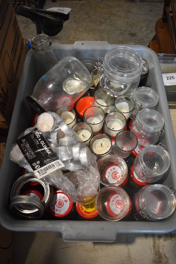 ALL ONE MONEY! Lot of Various Glasses and Jars in Gray Poly Bus Bin!