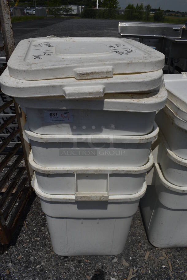 4 White Poly Ingredient Bins w/ 4 Lids and 1 Dolly. 24x22x22.5. 4 Times Your Bid!