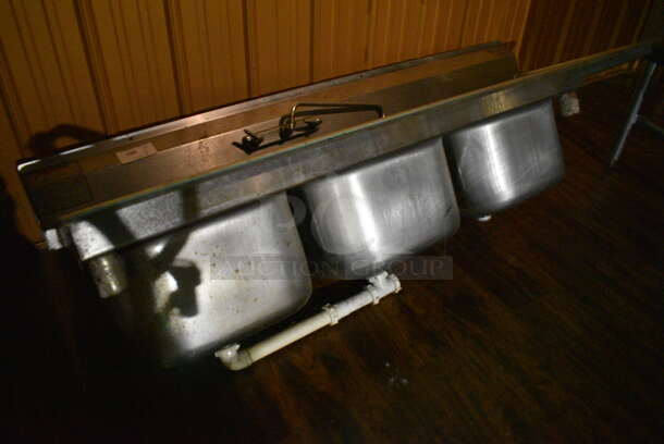 Stainless Steel Commercial 3 Bay Sink w/ Right Side Drain Board, Faucet and Handles. 74x26x20. Bays 16x20x10. Drain Board 16x22x2. (bar) - Image 7 of 7