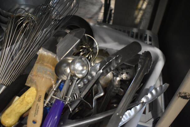 ALL ONE MONEY! Lot of Various Metal Utensils in Gray Poly Bus Bin.  - Image 3 of 4