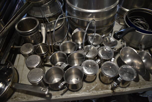 ALL ONE MONEY! Tabletop Lot of Various Metal Items Including Drop In Bins, Cylindrical Bins, China Cap Strainer and Pitchers - Image 4 of 7
