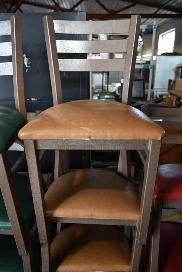 14 Brown Metal Dining Height Chairs; 7 Green Cushions, 4 Tan Cushions and 3 Red Cushions. 14 Times Your Bid! - Image 4 of 4