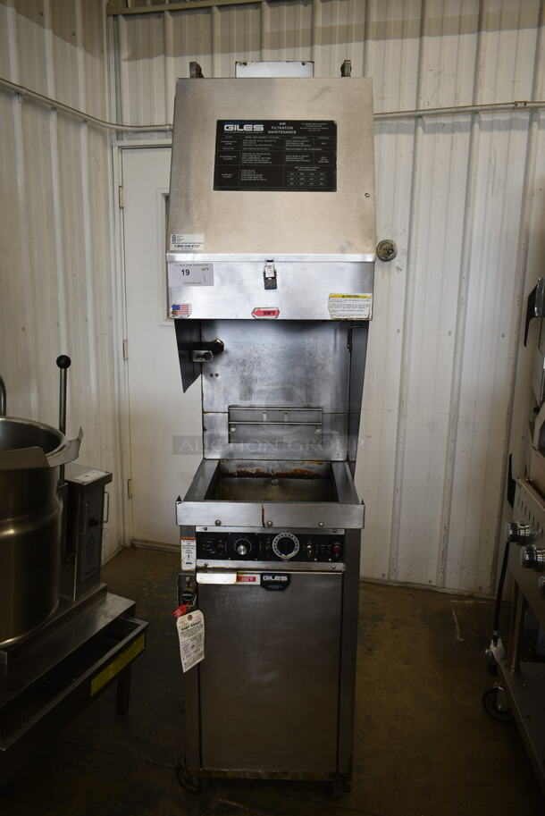 Giles WOG-20MP-VH TB Stainless Steel Commercial Ventless Hood and Giles Stainless Steel Electric Powered Deep Fat Fryer on Commercial Casters. Hood: 208 Volts, 1 Phase.