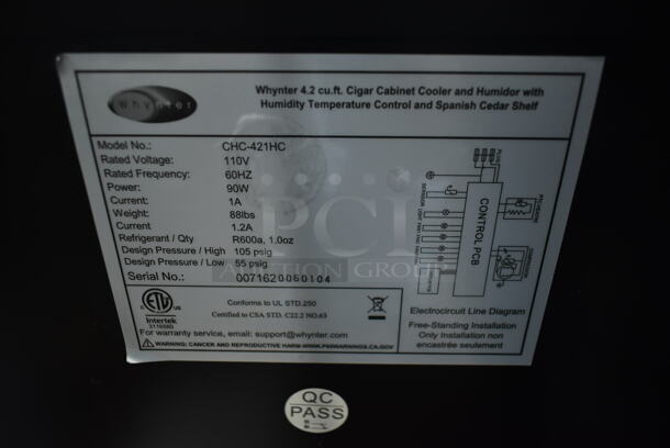 BRAND NEW SCRATCH AND DENT! Whynter CHC-421HC 4.2 cu.ft. Cigar Cabinet Cooler and Humidor with Humidity Temperature Control and Spanish Cedar Shelves. 115 Volts, 1 Phase. Tested and Working! - Image 5 of 5