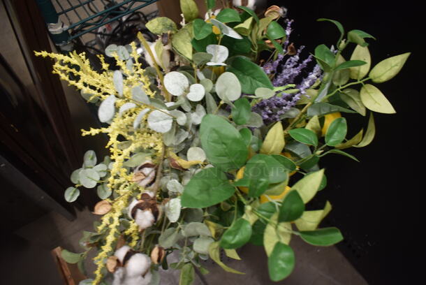 Tall Galvanized Metal Vase With Faux Flowers, Greenery And Lemons. - Image 3 of 3