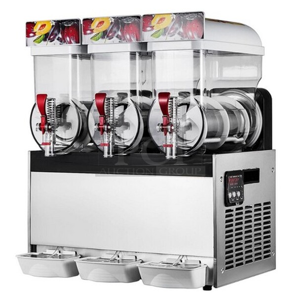 BRAND NEW IN BOX! Model XRJ15LX3 Metal Commercial Countertop 3 Hopper Slushie Machine. Stock Picture Used For Gallery. 23x20x30