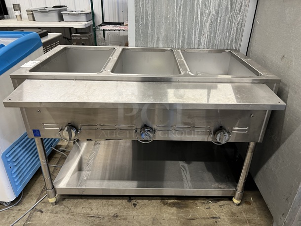 USR Cookline Stainless Steel Commercial Gas Powered 3 Bay Steam Table w/ Under Shelf. 45x23x31 Appears to be BRAND NEW!  - Image 1 of 6