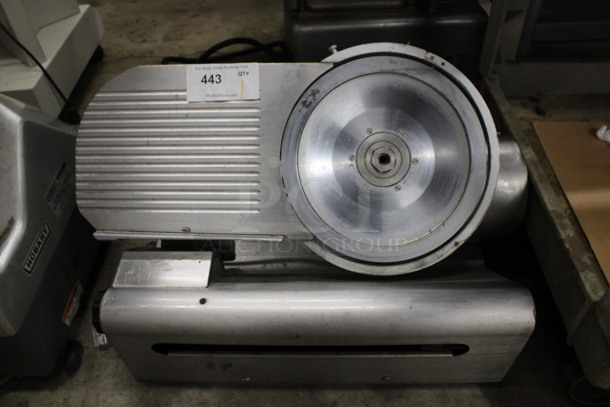 Globe Stainless Steel Commercial Countertop Meat Slicer. Missing Cover, Arm and Carriage. 115 Volts, 1 Phase. 26x18x13. Tested and Does Not Power On