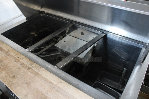 Leader Stainless Steel Commercial Sandwich Salad Make Line Prep Table Bain Marie Top w/ Butcher Block Cutting Board and Various Drop In Bins. 48x32.5x45.5. Tested and Working! - Image 4 of 6