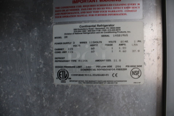 Continental Model 2R Stainless Steel Commercial 2 Door Reach In Cooler w/ Poly Coated Racks on Commercial Casters. 115 Volts, 1 Phase. 52.5x37x82. Tested and Working! - Image 7 of 7