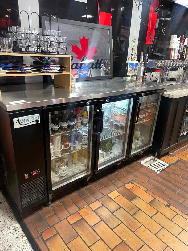 Working! Avantco  73 inch Black Counter Height Narrow Glass Door Commercial Back Bar Refrigerator with LED Lighting 115 Volt NSF Tested and Working!