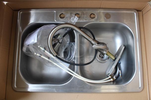 IN ORIGINAL BOX! Glacier Bay Brushed Stainless Steel 2 Bay Sink w/ Faucet. 33x22x10. Bays 14x16x6