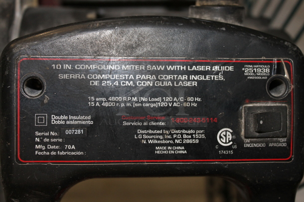 M2500LW2 Metal Countertop 10" Compound Miter Saw w/ Laser Guide. 120 Volts, 1 Phase. Tested and Working! - Image 11 of 12
