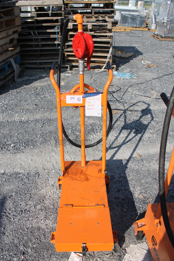 LIKE NEW!  Fryclone Orange Metal Portable 50 Pound Capacity Oil Filtration System on Commercial Casters.  - Image 1 of 6