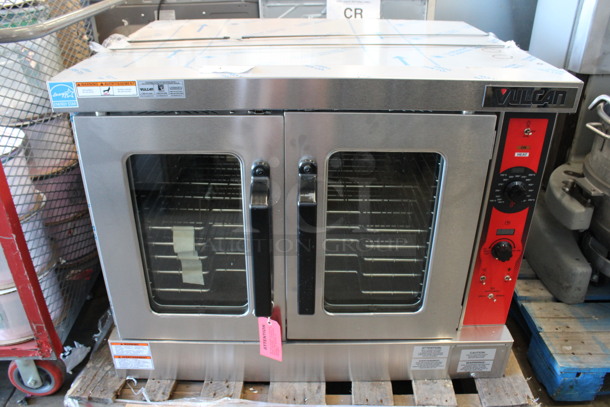 BRAND NEW SCRATCH AND DENT! Vulcan Model VC5ED Stainless Steel Commercial Electric Powered Full Size Convection Oven w/ View Through Doors, Metal Oven Racks and Thermostatic Controls. 208 Volts, 3/1 Phase. 41x32x31