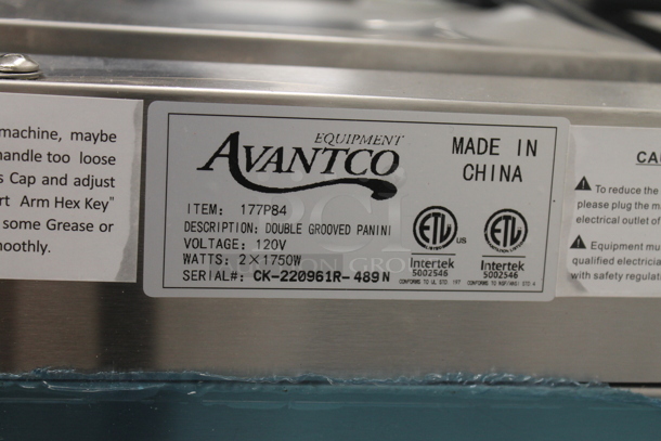 BRAND NEW SCRATCH AND DENT! Avantco 177P84 Stainless Steel Commercial Countertop Double Commercial Panini Sandwich Grill with Grooved Plate. 18 3/16" x 9 1/16" Cooking Surface. 120 Volts, 1 Phase. Tested and Working! - Image 7 of 7