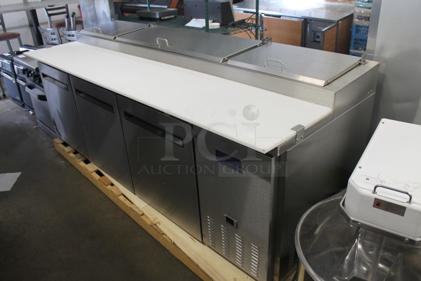 BRAND NEW SCRATCH AND DENT! Arctic Air APP94RZ 94" Three Door Pizza Prep Refrigerator Cooler Table w/ Cutting Board. 115 Volt, 1 Phase. Tested and Working! - Image 1 of 12