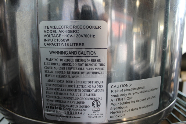 Amko AK-60ERC Stainless Steel Commercial Countertop Rice Cooker. 120 Volts, 1 Phase. - Image 4 of 5