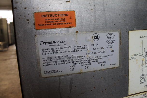 Frymaster GF14SD Stainless Steel Commercial Floor Style Natural Gas Powered Deep Fat Fryer. 100,000 BTU. - Image 4 of 4