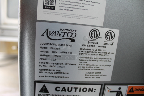 BRAND NEW SCRATCH AND DENT! Avantco 177MX60H Commercial Stainless Steel Electric 60 Quart Floor Mixer With Stainless Steel Bowl, Bowl Guard, Whisk, Paddle And Additional Pieces. 240V, 3 Phase.  - Image 5 of 10