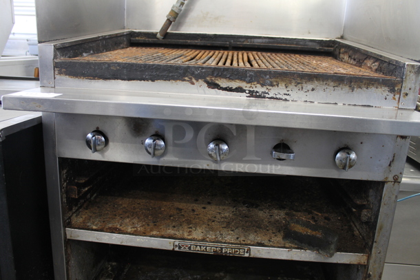 Bakers Pride Stainless Steel Commercial Natural Gas Powered Charbroiler Grill w/ Under Shelves and Splash Guards. - Image 2 of 3