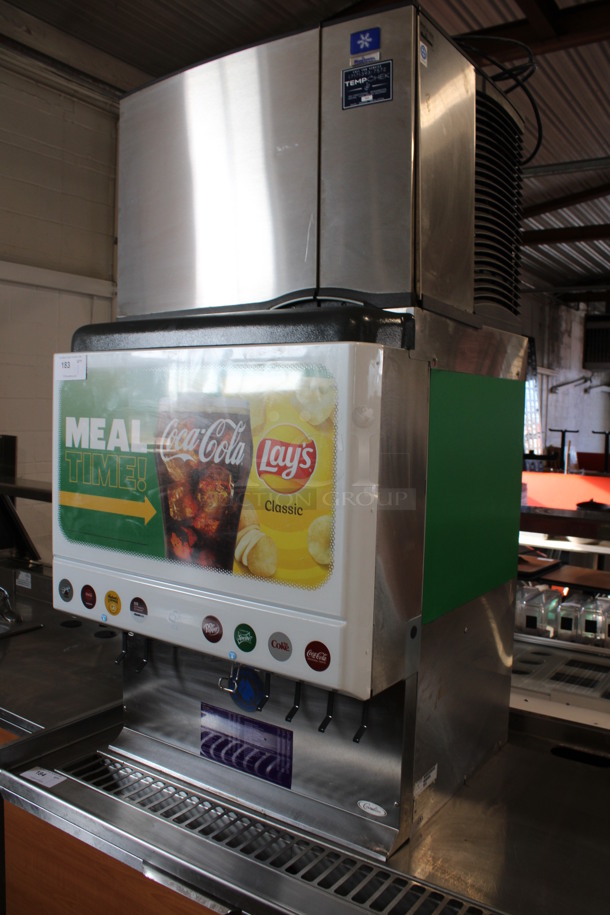 Manitowoc Model SY0454A Stainless Steel Commercial Air Cooled Ice Machine Head on Cornelius Model ED250-BCZ Stainless Steel Commercial 8 Flavor Carbonated Beverage Machine. 115 Volts, 1 Phase. 30x32x61  - Image 2 of 7